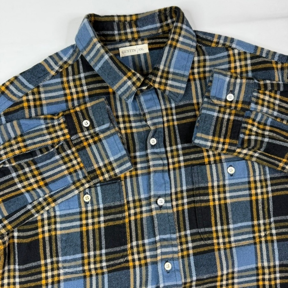 Gustin Flannel Shirt Mens XXL Blue Yellow Plaid Made in USA Button Up